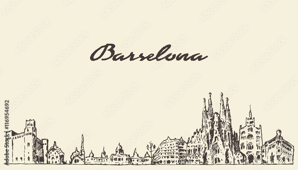 Barcelona Spain vintage hand drawn sketch