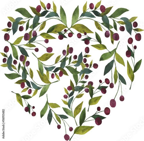 Branches with berries and leaves. Heart shape. Hand drawn watercolor illustration.