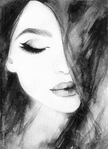 Beautiful woman portrait. Abstract fashion watercolor illustration