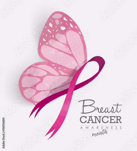 Pink ribbon with butterfly wings for breast cancer