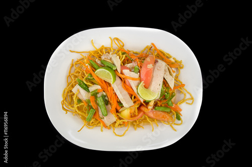pressed pork spicy salad with vegetables and fired noodle