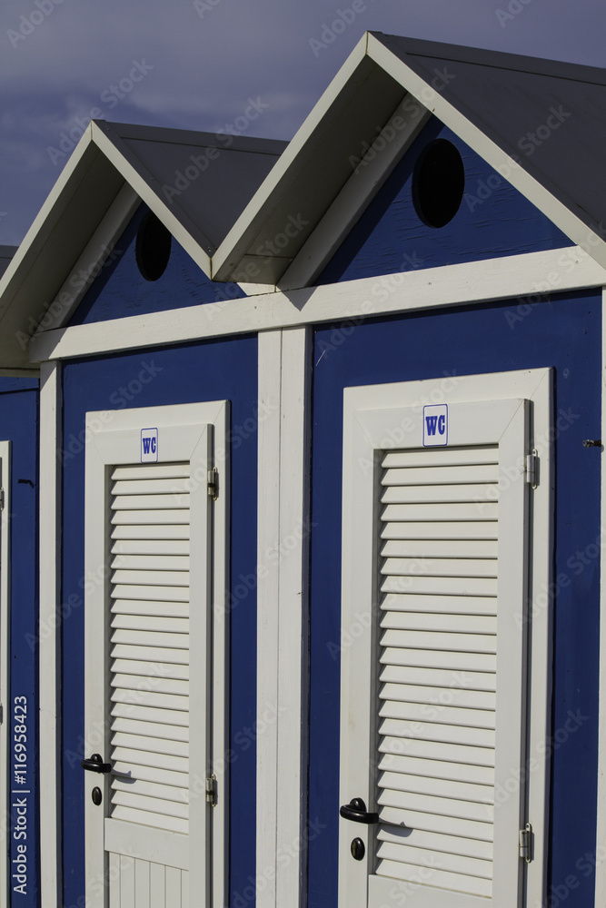 blue and white cabin beach in Rimini, Adriatic sea