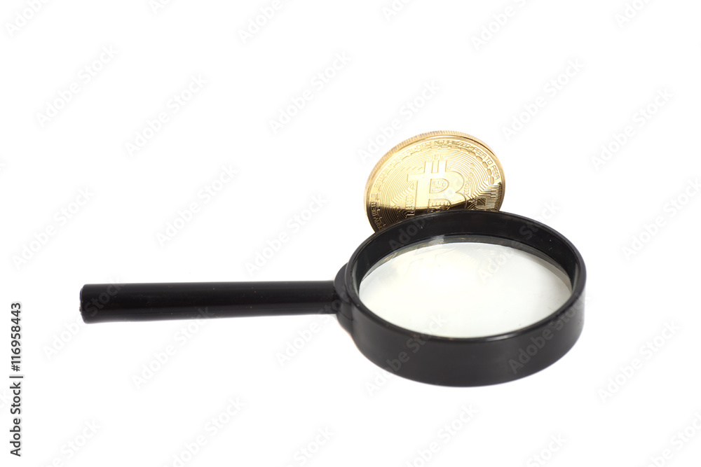 Magnifier glass with golden bitcoin coin isolated on white backg Magnifier glass with golden bitcoin coin isolated on white backg