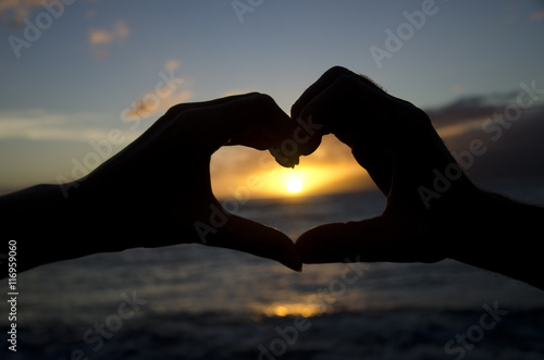 Women s hand on the left and man s hand on the right making a heart over the sunset.