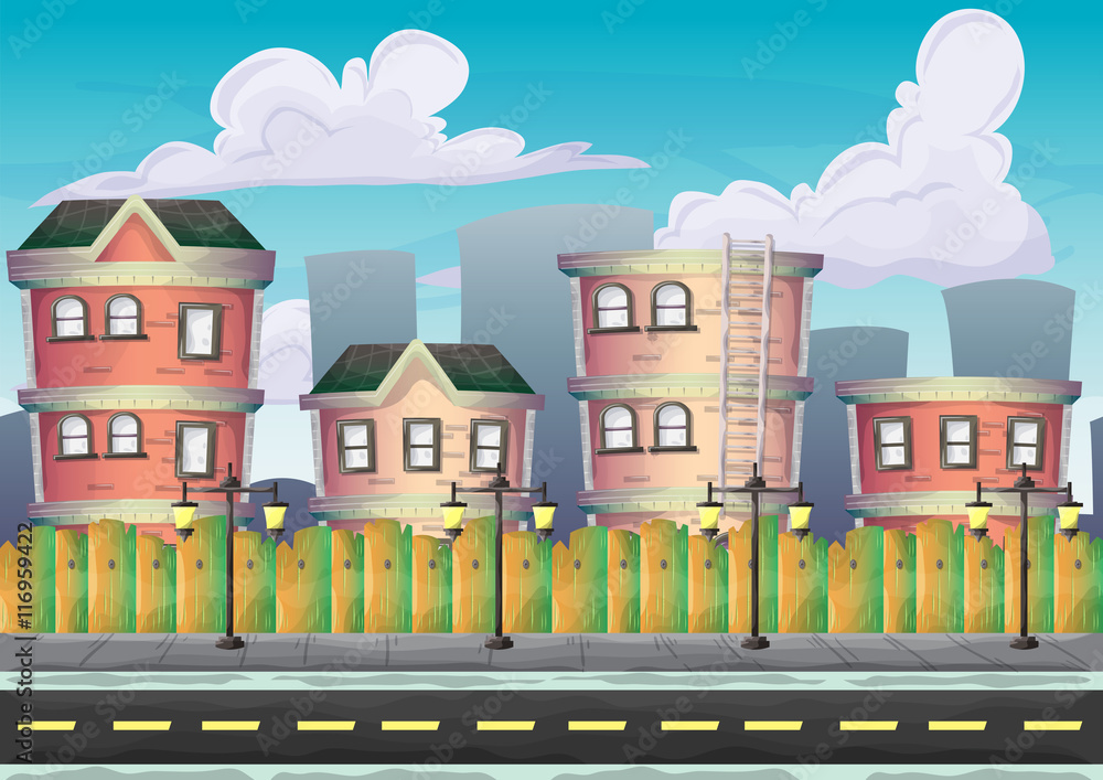Cartoon vector urban landscape with separated layers for game and animation, game design asset