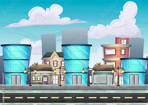 Cartoon vector urban landscape with separated layers for game and animation, game design asset