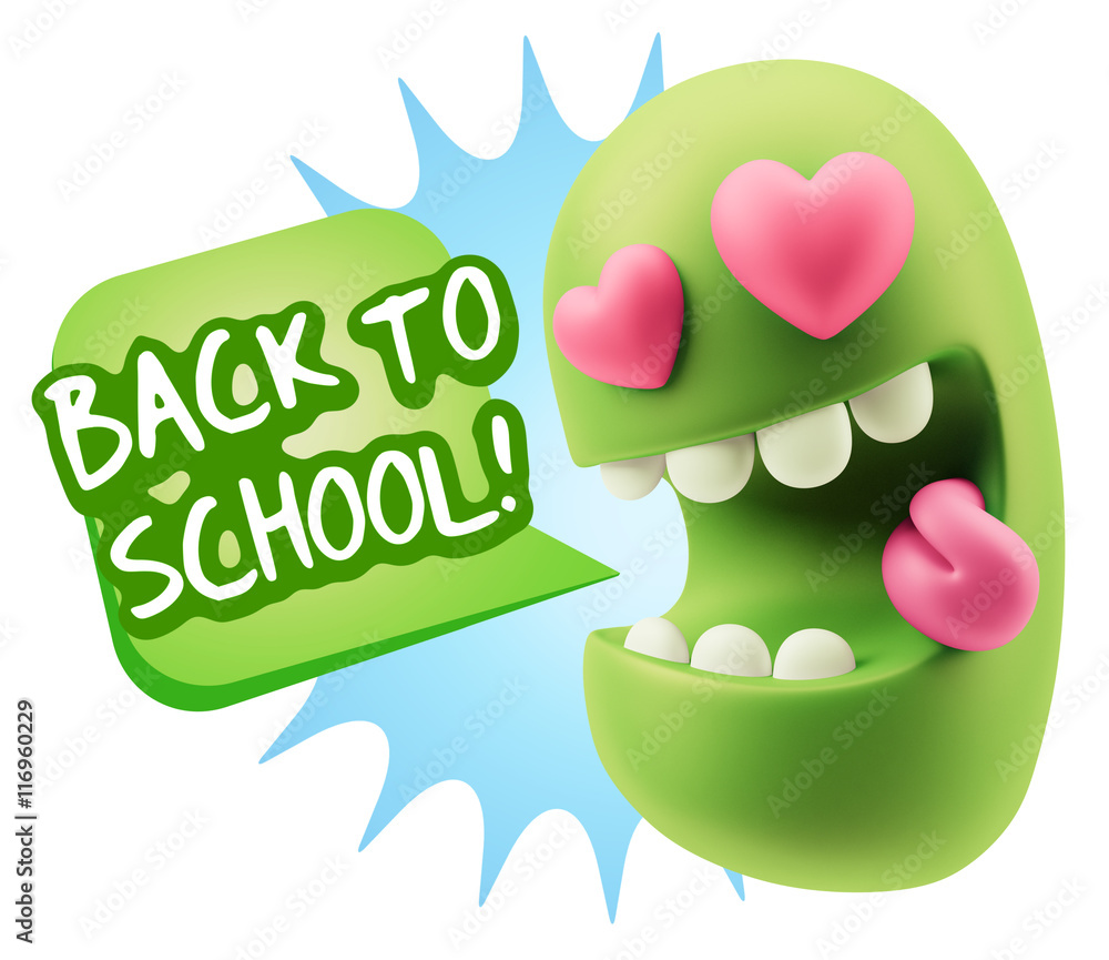 3d Rendering. Emoji in love with heart eyes saying Back To Schoo 3d Rendering. Emoji in love with heart eyes saying Back To Schoo