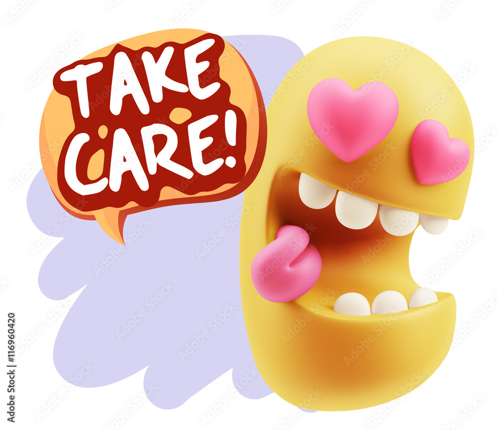 3d Rendering. Emoji in love with heart eyes saying Take Care wit 3d Rendering. Emoji in love with heart eyes saying Take Care wit