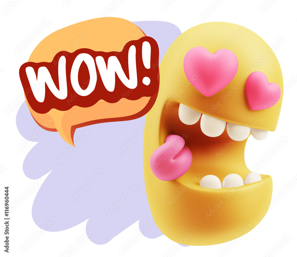 3d Rendering. Emoji in love with heart eyes saying Wow with Colo 3d Rendering. Emoji in love with heart eyes saying Wow with Colo