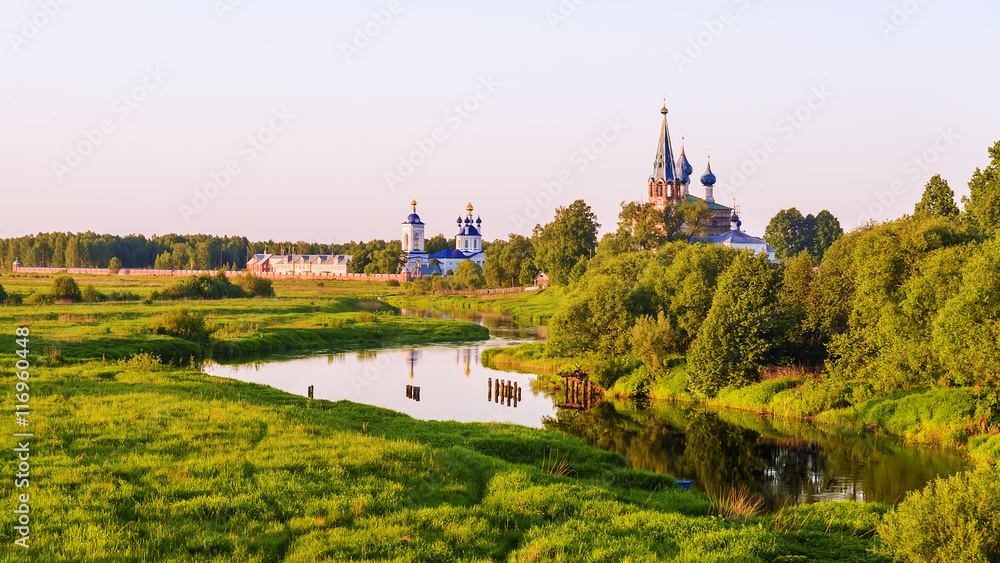 evening landscape Russian village churches