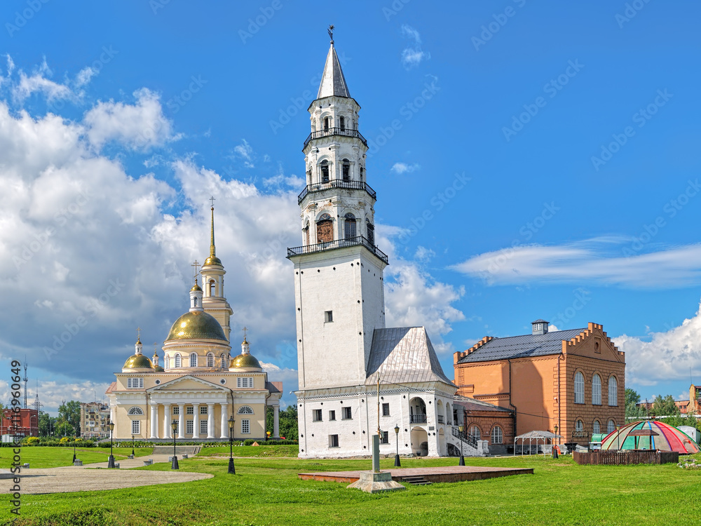 Leaning Tower of Nevyansk and Transfiguration Cathedral in Nevyansk, Sverdlovsk Oblast, Russia