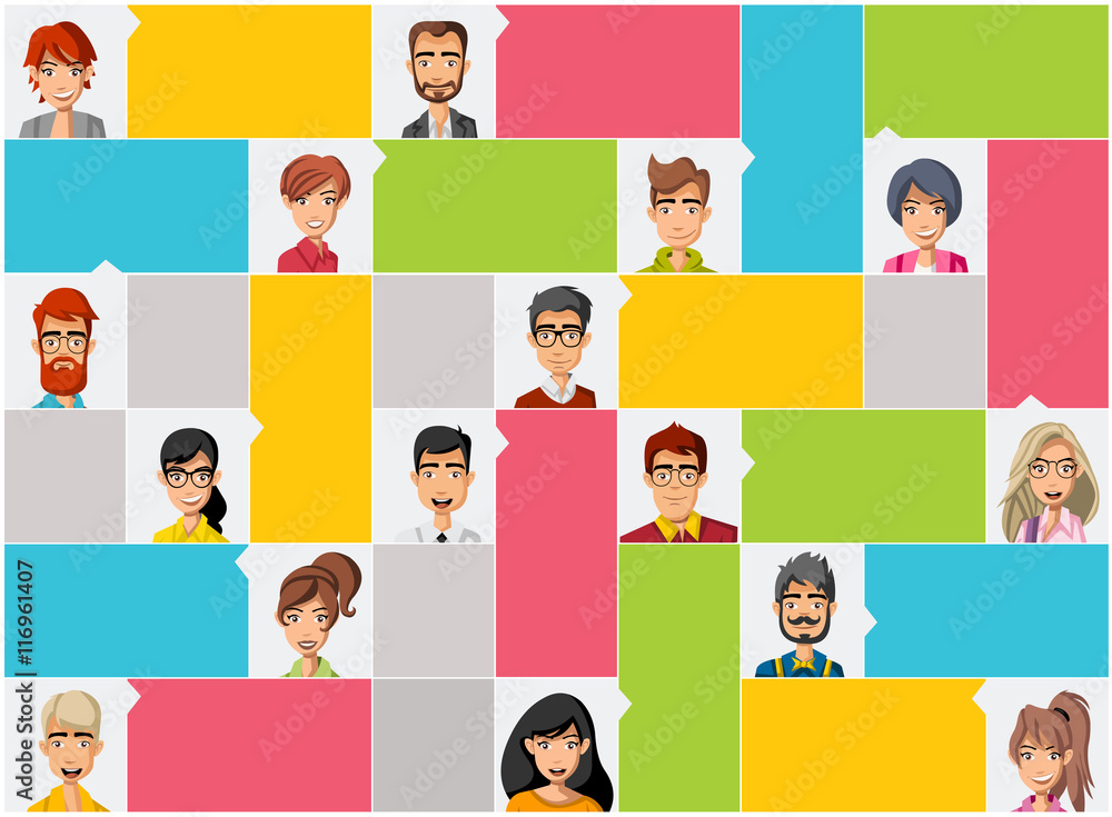 Template for advertising brochure with large group of cartoon people faces
