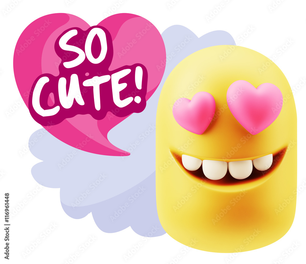 3d Rendering. Emoji in love with heart eyes saying So Cute with 3d Rendering. Emoji in love with heart eyes saying So Cute with