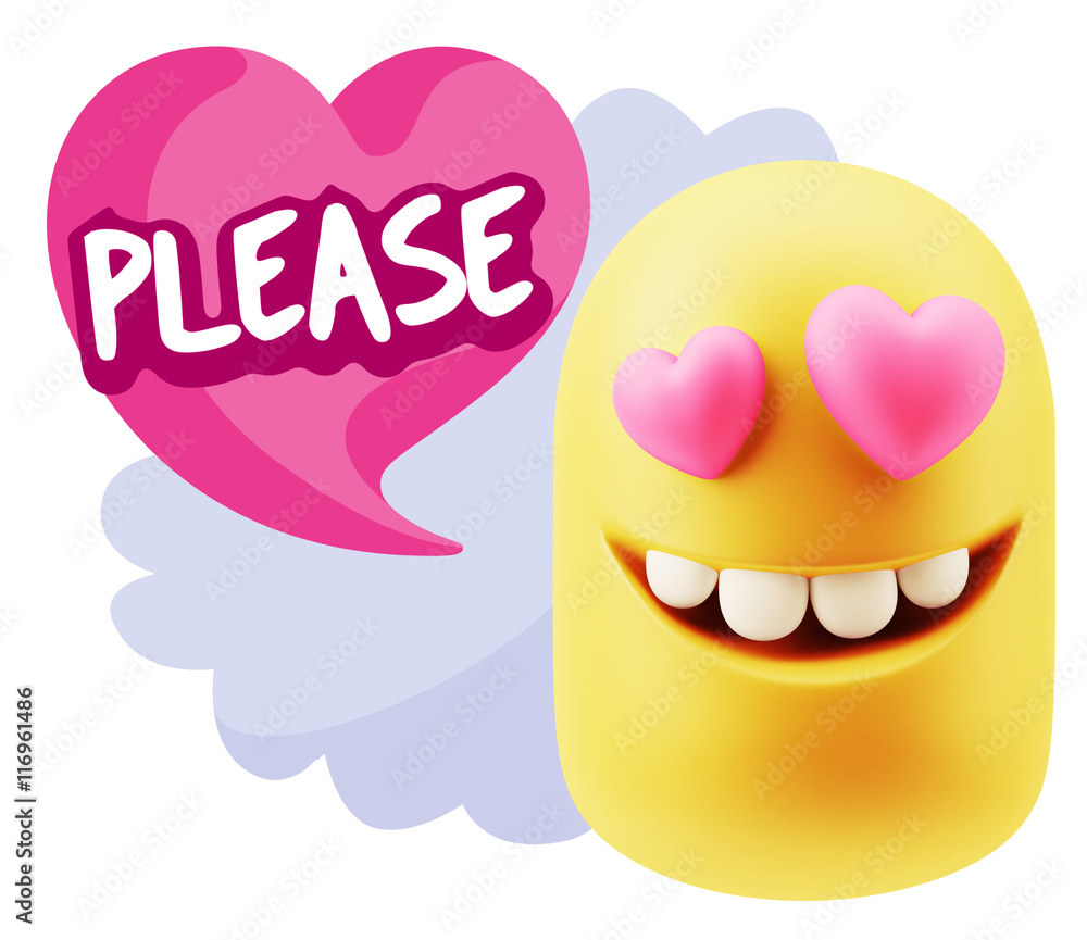 3d Rendering. Emoji in love with heart eyes saying Please with C 3d Rendering. Emoji in love with heart eyes saying Please with C