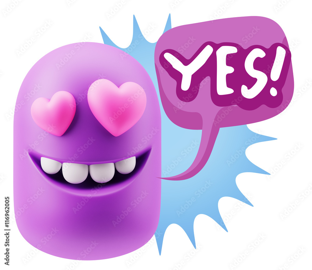 3d Rendering. Emoji in love with heart eyes saying Yes with Colo 3d Rendering. Emoji in love with heart eyes saying Yes with Colo