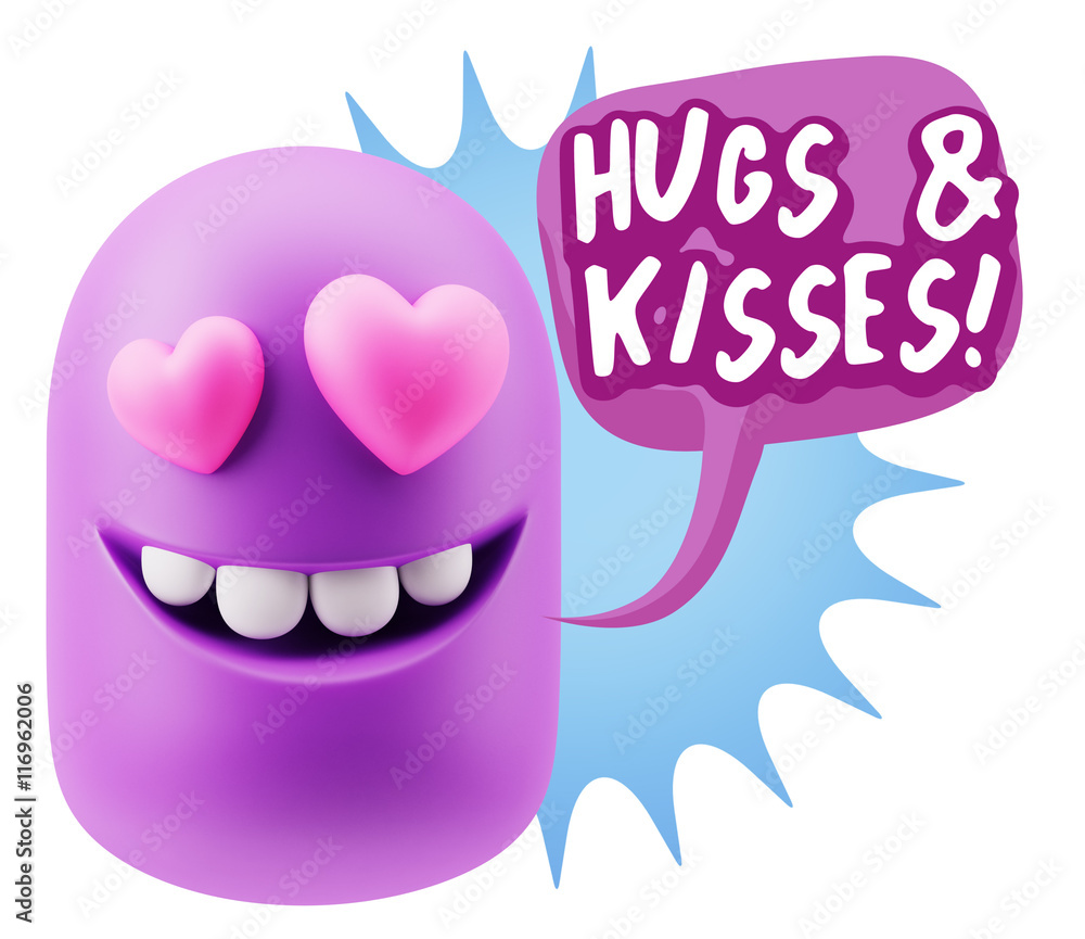 3d Rendering. Emoji in love with heart eyes saying Hugs And Kiss 3d Rendering. Emoji in love with heart eyes saying Hugs And Kiss