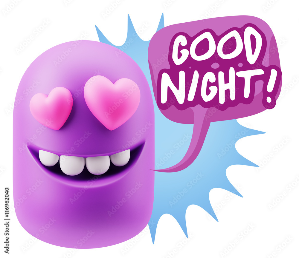 Obraz premium 3d Rendering. Emoji in love with heart eyes saying Good Night wi