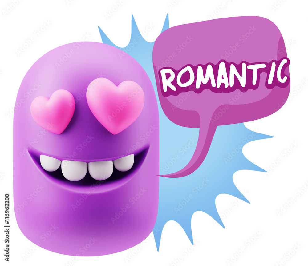 3d Rendering. Emoji in love with heart eyes saying Romantic with 3d Rendering. Emoji in love with heart eyes saying Romantic with