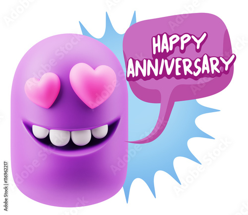 3d Rendering. Emoji in love with heart eyes saying Happy Anniver photo