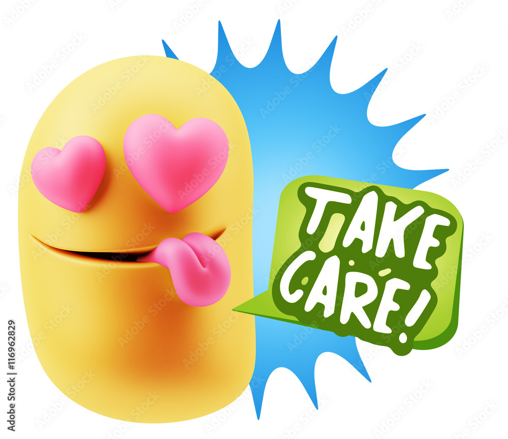 3d Rendering. Emoji in love with heart eyes saying Take Care wit 3d Rendering. Emoji in love with heart eyes saying Take Care wit