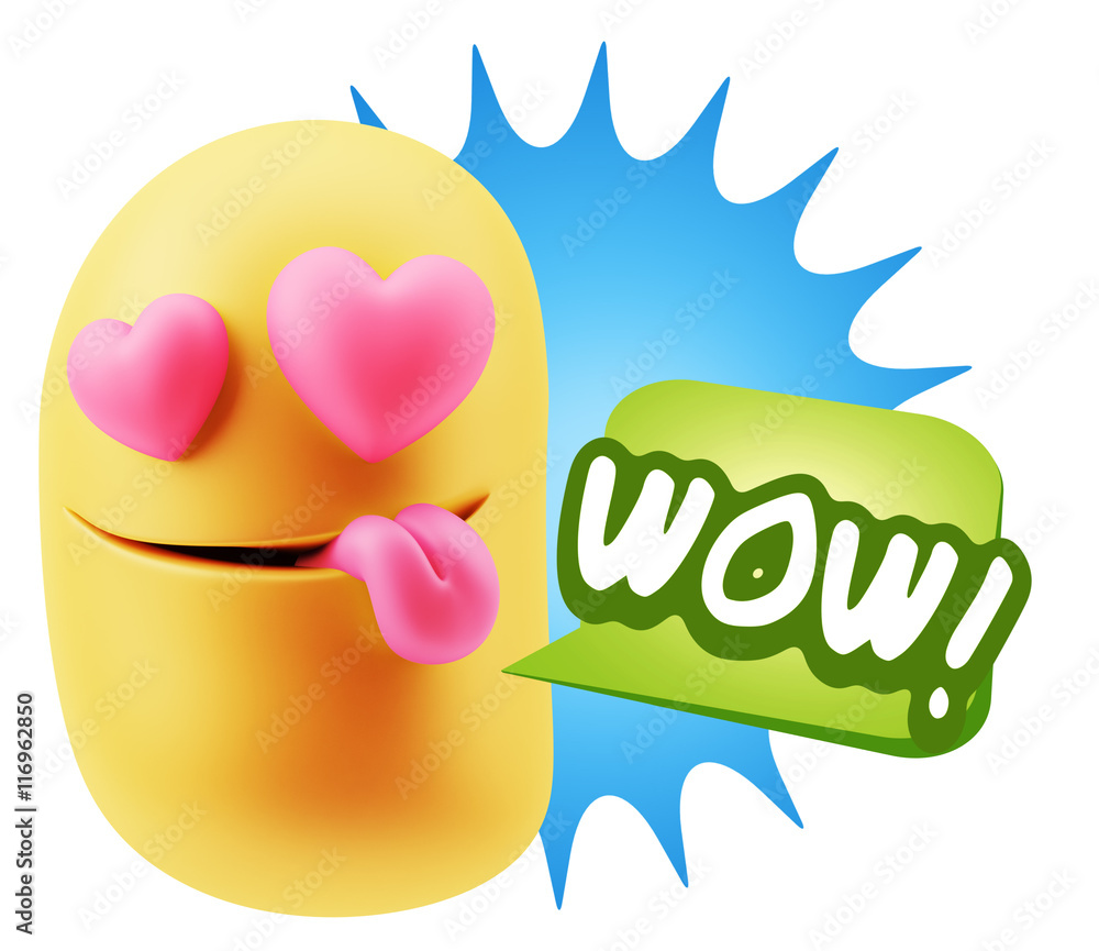 3d Rendering. Emoji in love with heart eyes saying Wow with Colo 3d Rendering. Emoji in love with heart eyes saying Wow with Colo