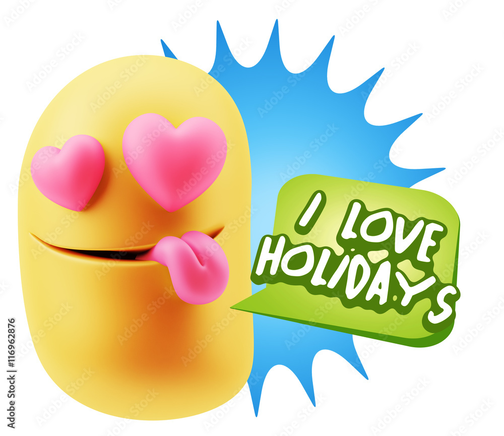 3d Rendering. Emoji in love with heart eyes saying I Love Holida