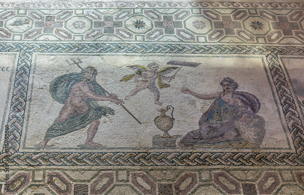 Ancient Greek floor mosaic in archaeologic park Kato Paphos, Cyprus.