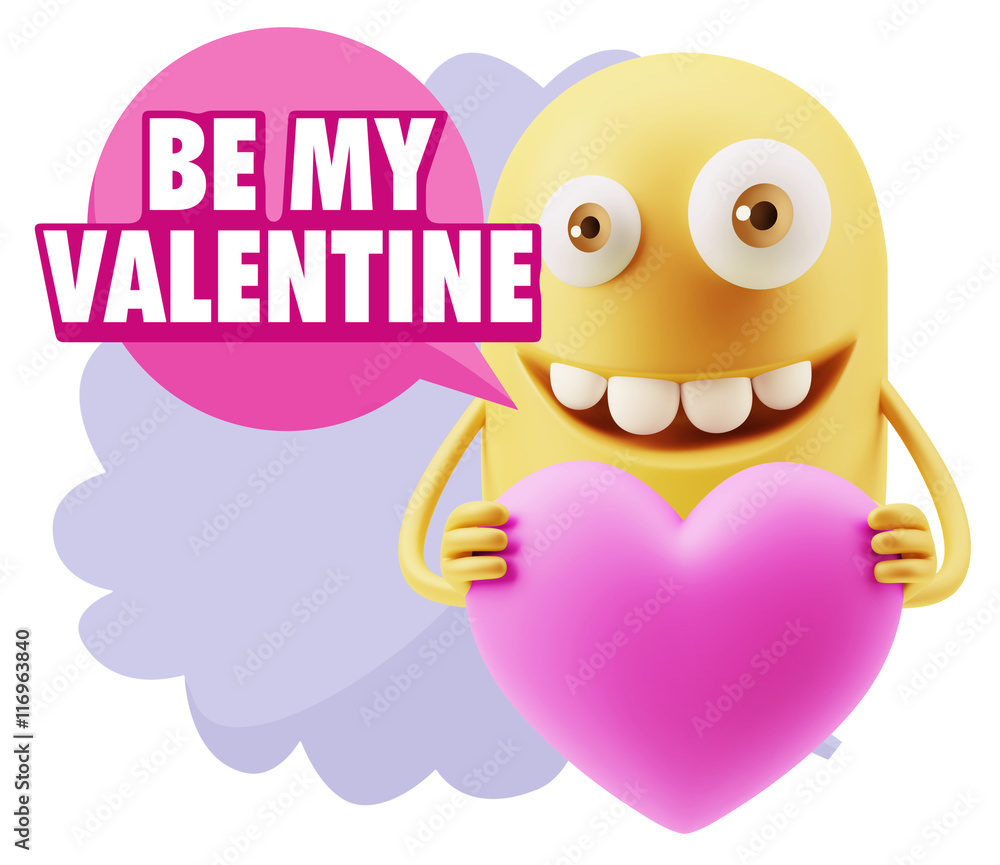 3d Rendering. Emoji in love holding heart shape saying Be My Val 3d Rendering. Emoji in love holding heart shape saying Be My Val