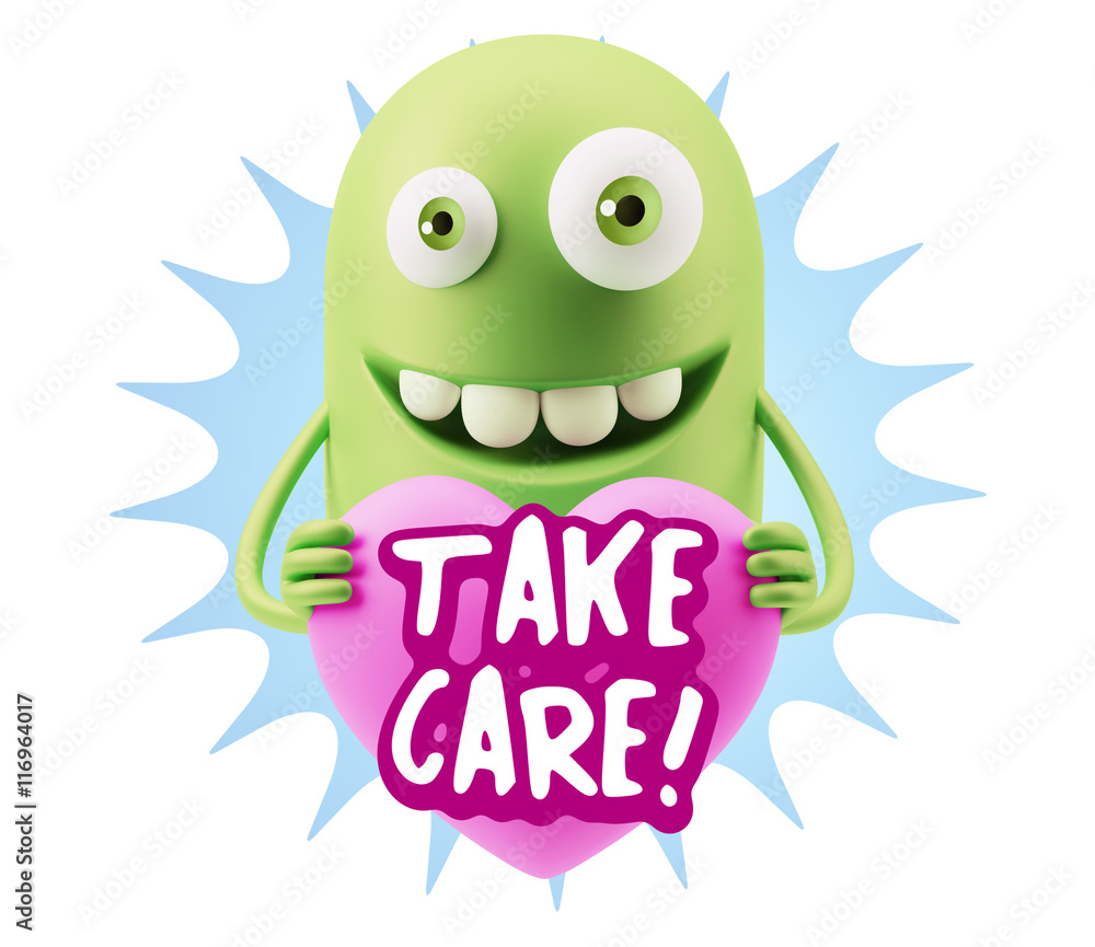 3d Rendering. Emoji in love holding heart shape saying Take Care 3d Rendering. Emoji in love holding heart shape saying Take Care
