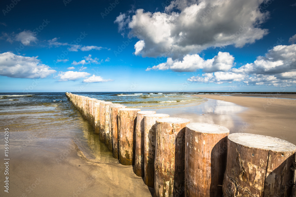 Wooden breakwaters on sandy Leba beach in late afternoon, Baltic - obrazy, fototapety, plakaty 