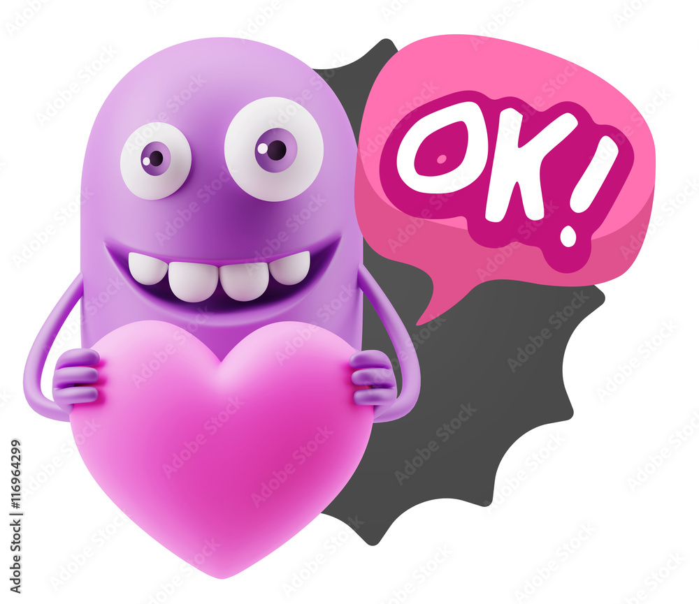 Obraz premium 3d Rendering. Emoji in love holding heart shape saying Ok with C