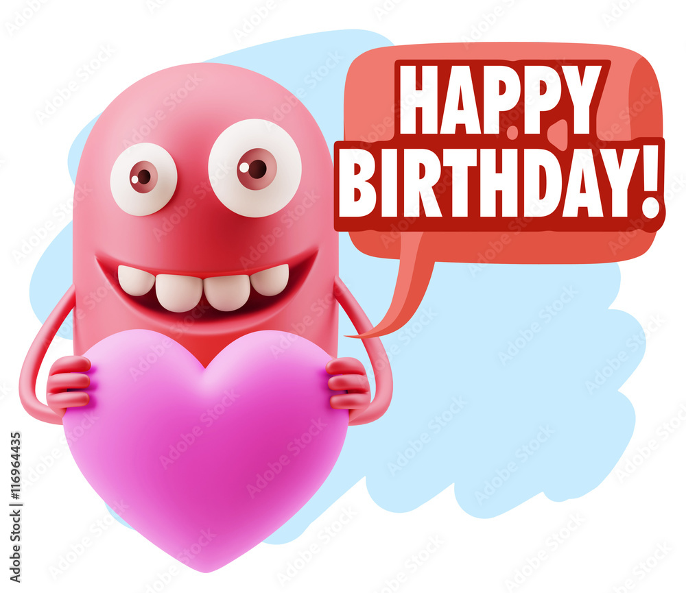 3d Rendering. Emoji in love holding heart shape saying Happy Bir 3d Rendering. Emoji in love holding heart shape saying Happy Bir