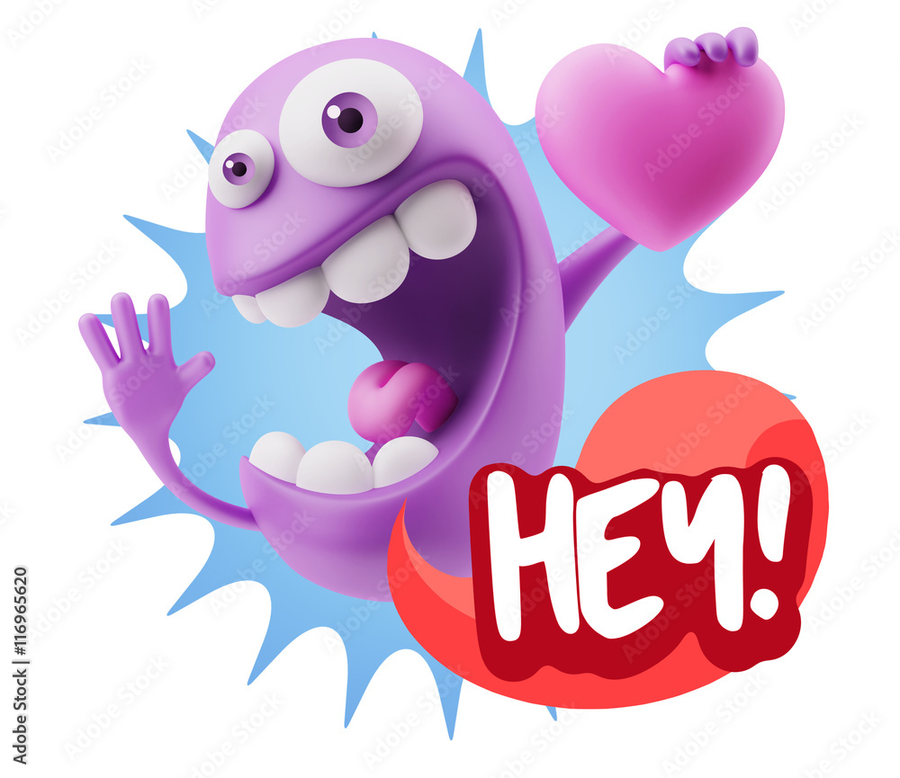 3d Rendering. Emoji in love holding heart shape saying Hey with 3d Rendering. Emoji in love holding heart shape saying Hey with