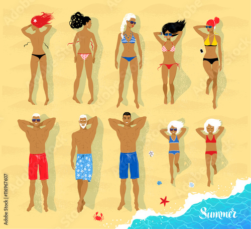 Vector set of sunbathing people