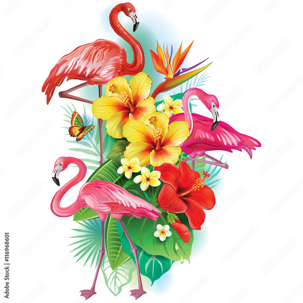 Fototapeta premium Arrangement from tropical flowers and Flamingoes