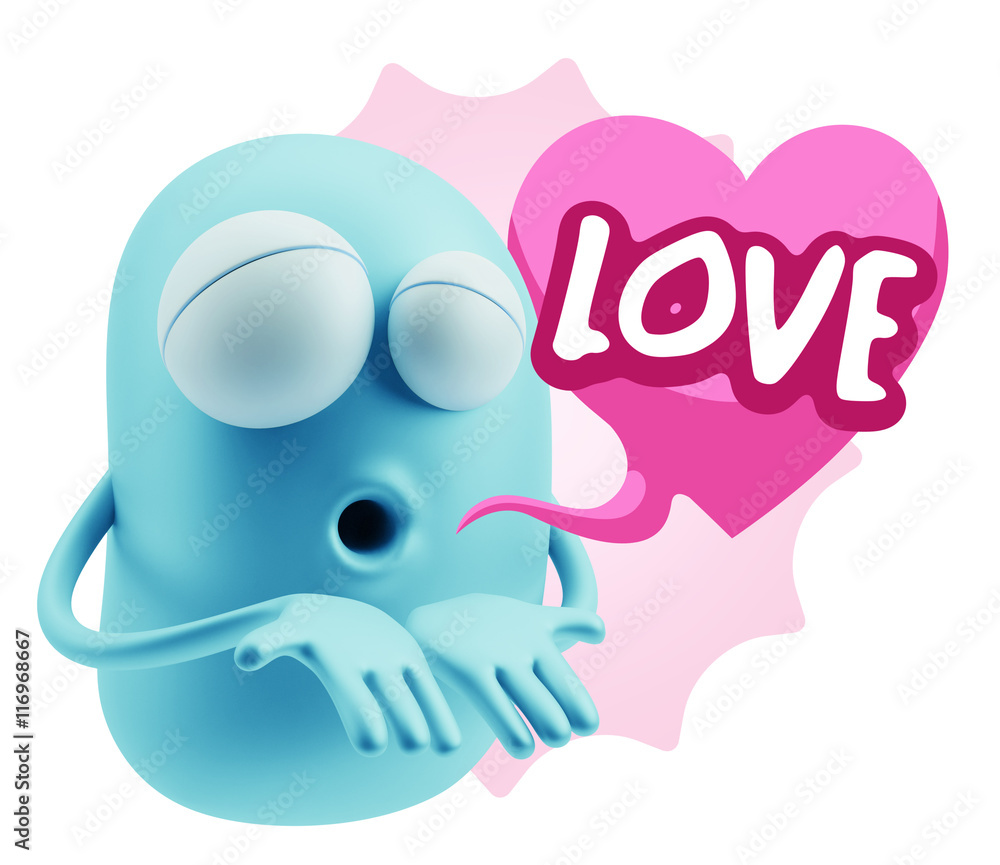 3d Rendering. Love Emoticon Face Kiss Flying Heart Shape saying 3d Rendering. Love Emoticon Face Kiss Flying Heart Shape saying