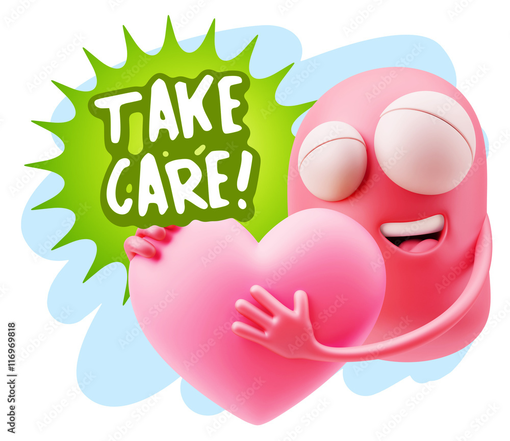 3d Rendering. Emoji in love holding heart shape saying Take Care 3d Rendering. Emoji in love holding heart shape saying Take Care
