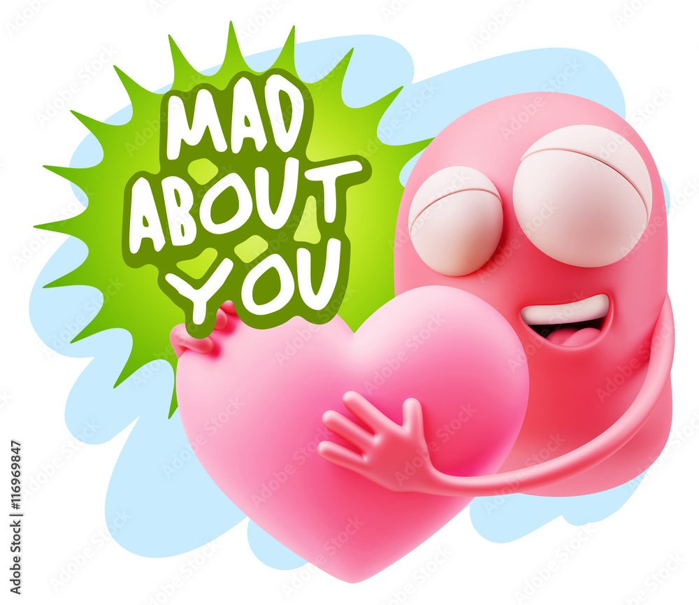 3d Rendering. Emoji in love holding heart shape saying Mad About 3d Rendering. Emoji in love holding heart shape saying Mad About