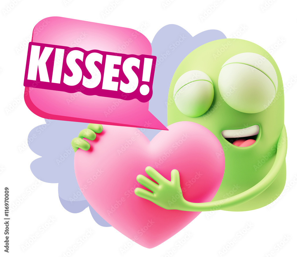 3d Rendering. Emoji in love holding heart shape saying Kisses wi 3d Rendering. Emoji in love holding heart shape saying Kisses wi