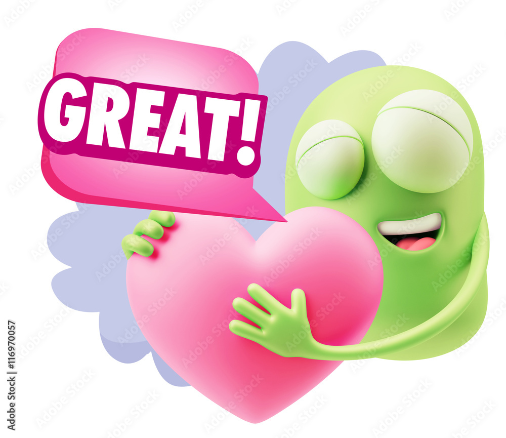 3d Rendering. Emoji in love holding heart shape saying Great wit 3d Rendering. Emoji in love holding heart shape saying Great wit
