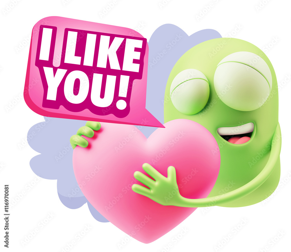 3d Rendering. Emoji in love holding heart shape saying I Like Yo 3d Rendering. Emoji in love holding heart shape saying I Like Yo