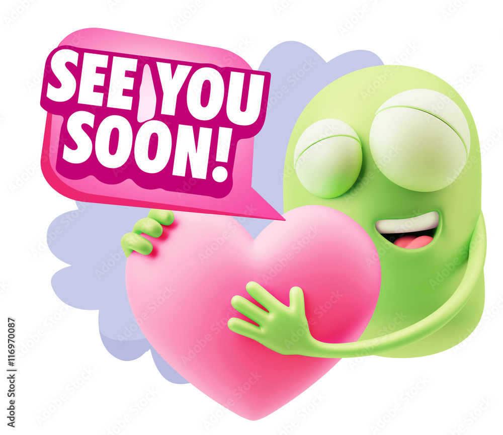3d Rendering. Emoji in love holding heart shape saying See You S 3d Rendering. Emoji in love holding heart shape saying See You S