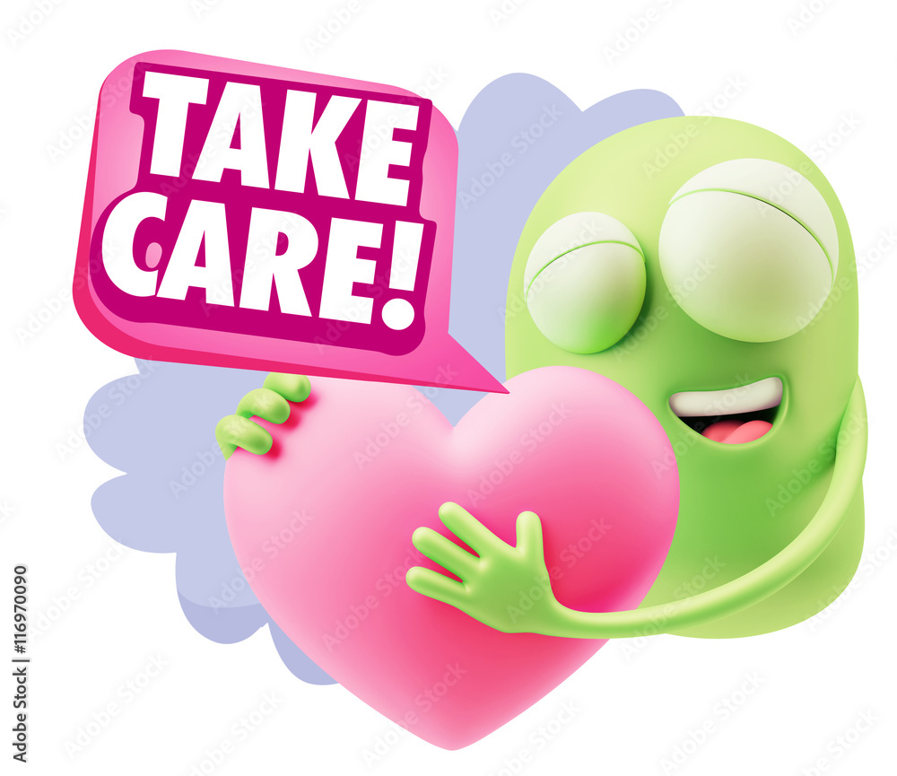 3d Rendering. Emoji in love holding heart shape saying Take Care 3d Rendering. Emoji in love holding heart shape saying Take Care