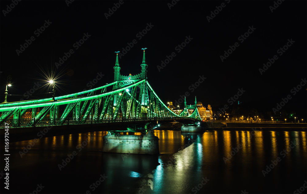 Obraz premium Night view of Liberty Bridge in Budapest, Hungary, Pest side of the city