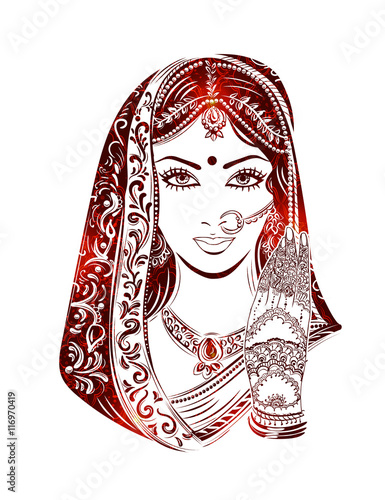 Shaadi. Indian woman in a wedding dress and bridal jewelry in the background of patterns of paisley.