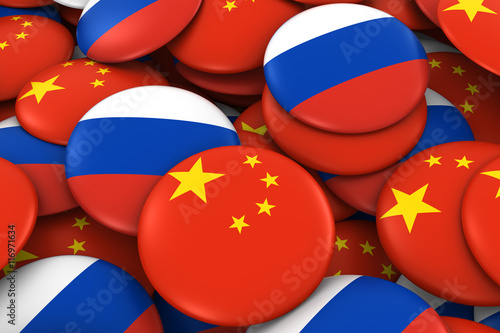 China and Russia Badges Background - Pile of Chinese and Russian Flag Buttons 3D Illustration