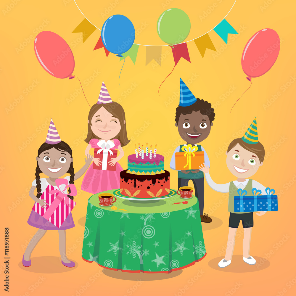 Children Party with Happy Boys and Girls, Cake and Balloons. Vector illustration Children Party with Happy Boys and Girls, Cake and Balloons. Vector illustration