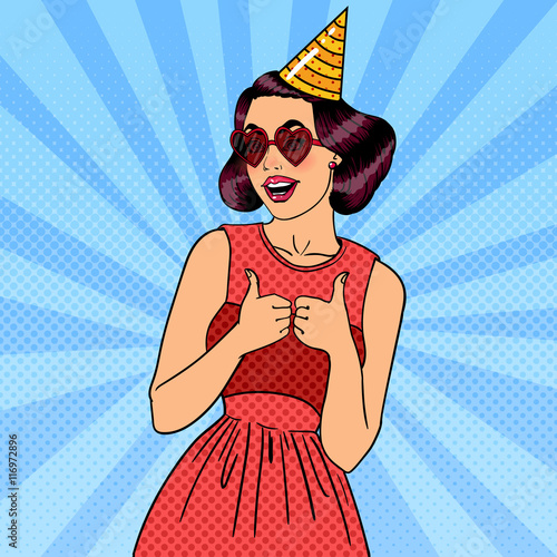 Smiling Woman Having a Party in Celebration Hat. Pop Art Vector illustration