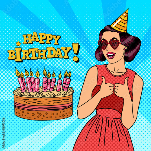 Smiling Woman Having a Birthday Party with Birthday Cake. Pop Art Vector illustration