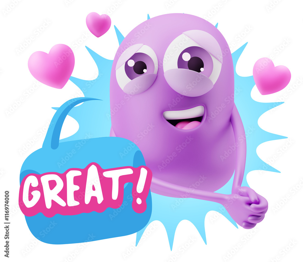 3d Rendering. Emoji in love with hearts shapes saying Great with 3d Rendering. Emoji in love with hearts shapes saying Great with